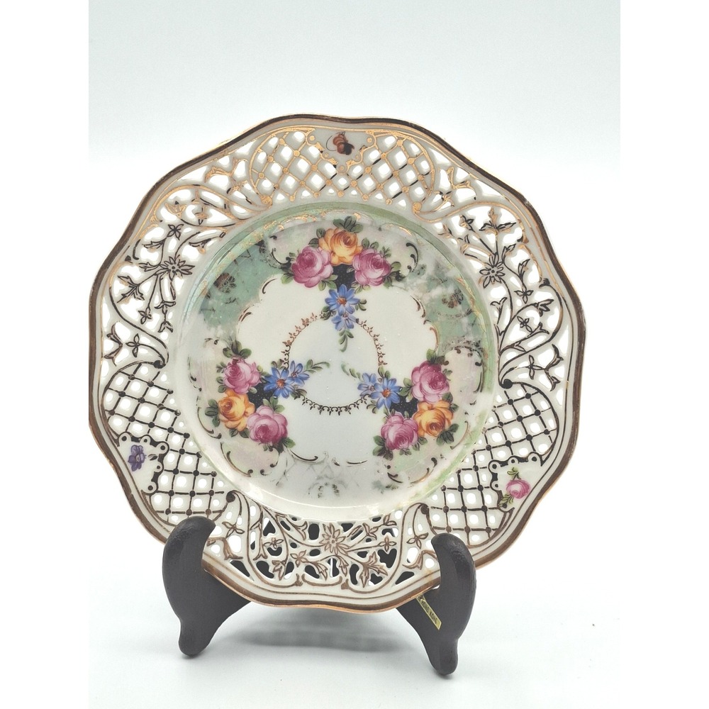 Vintage ACS Bavaria Reticulated Porcelain Floral Plates Gold Gilt Set of 2